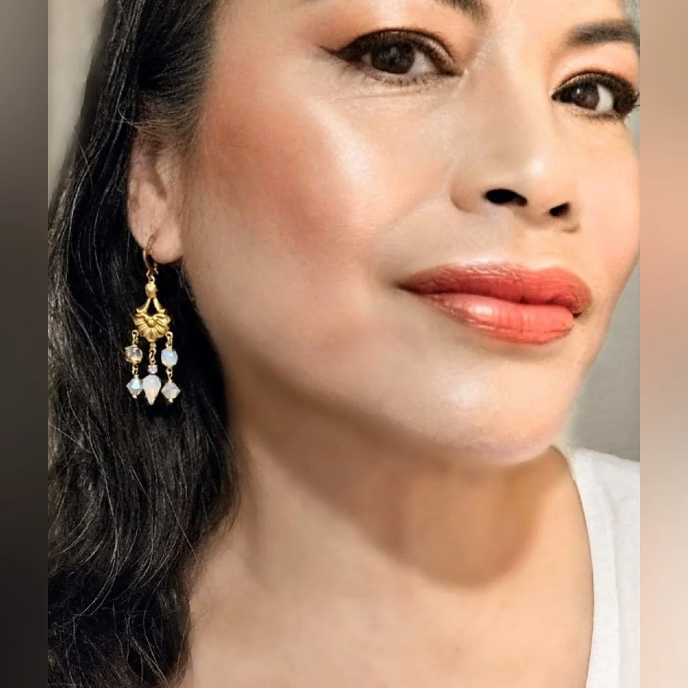 Victorian Opalite & Milky White Crystal Gold Plated Chandelier Art Deco Earrings - Picture 8 of 9